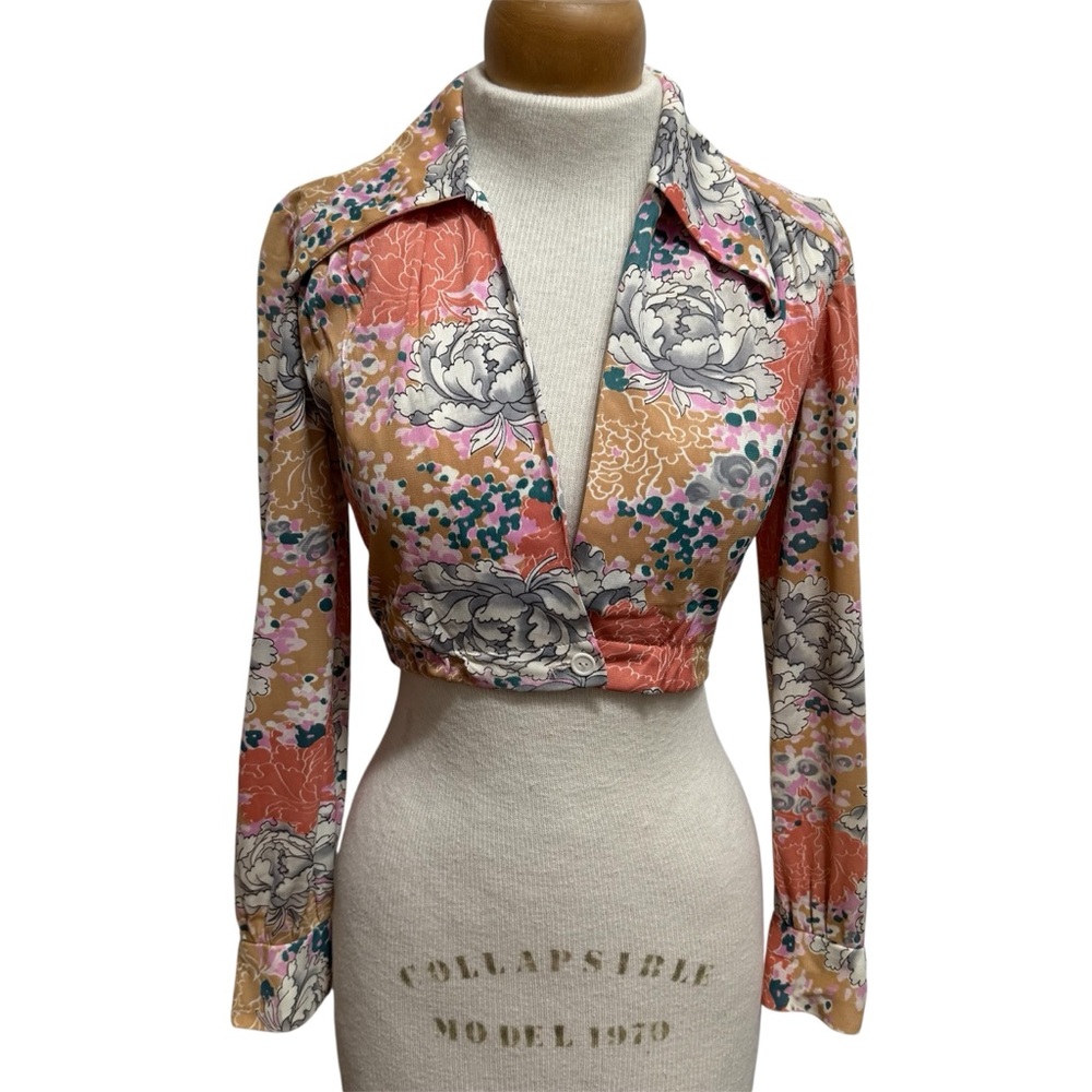 Vintage Paul Harris 70s Floral Disco Shirt Blouse Point Collar Deep V Women